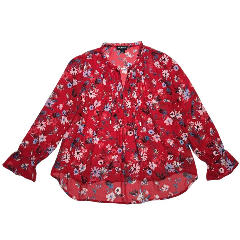 Liz Claiborne Blouse Womens Large Red Floral Sheer V Neck Ruffle Career Top